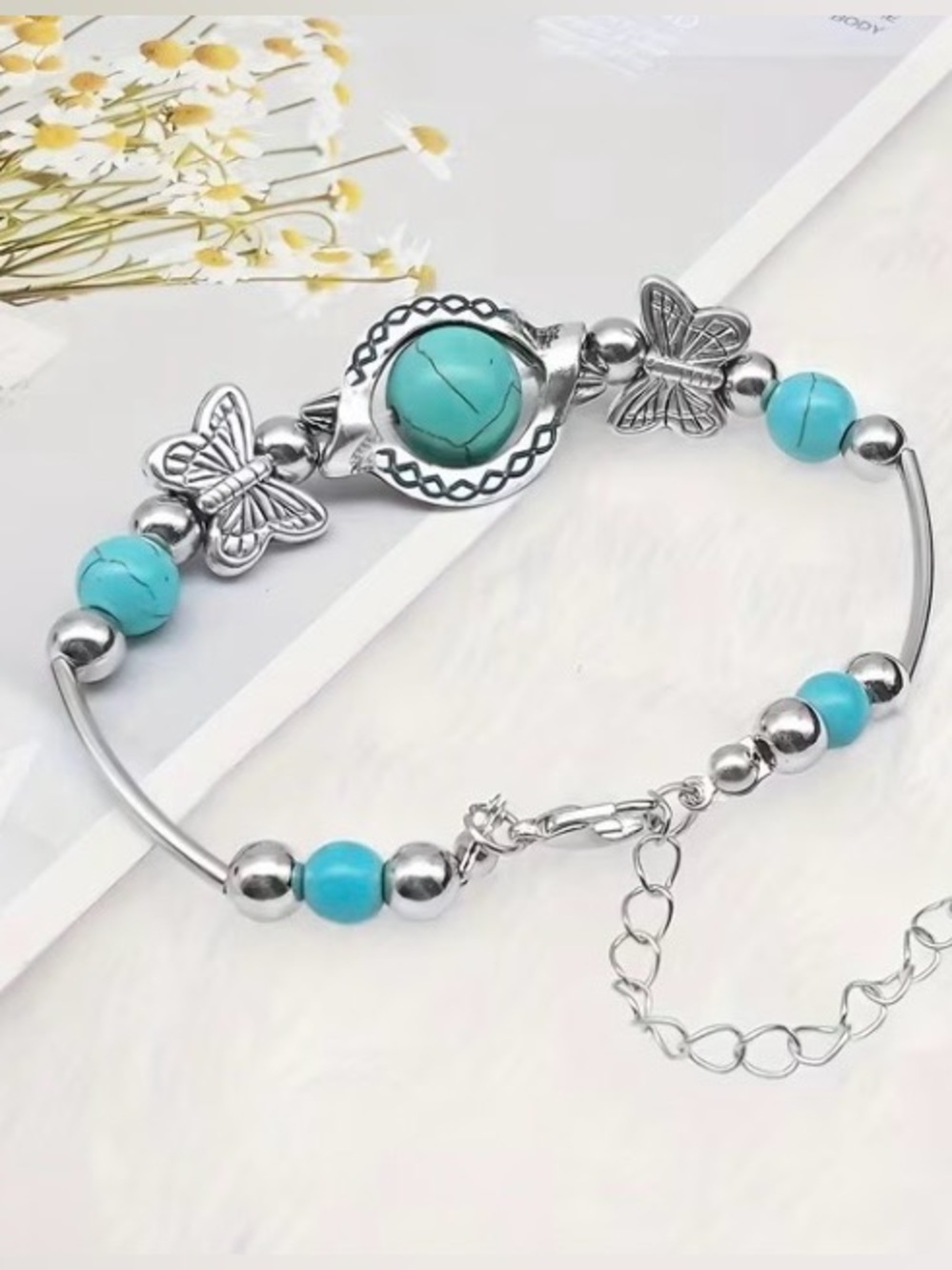 NWOT Turquoise Beaded Butterfly Charm Bracelet - Silver Tone